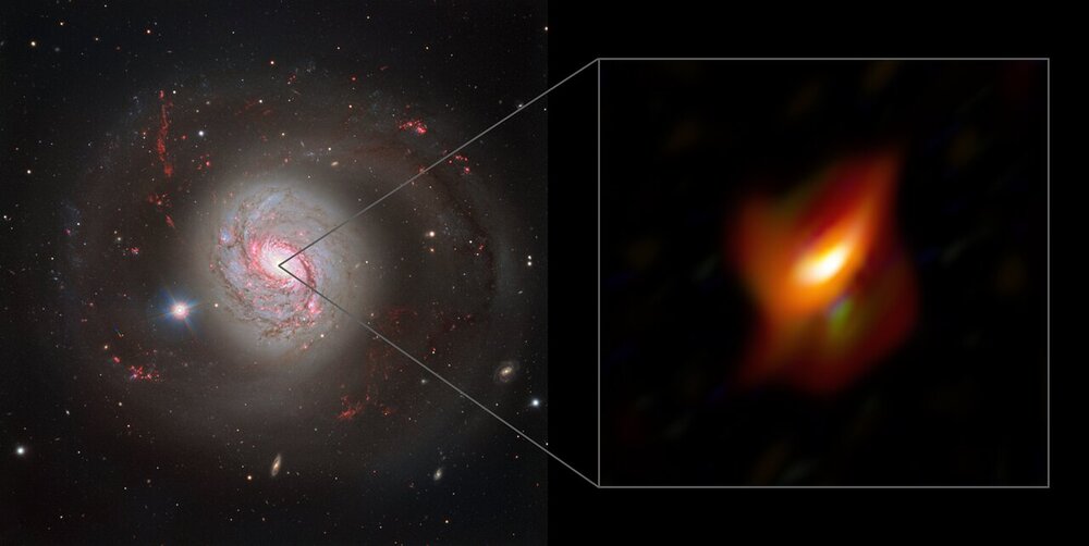 Galaksija NGC 1068 v vidni svetlobi. Povečan izsek prikazuje infrardeči posnetek aktivnega jedra, pri čemer vidimo predvsem prašen obroč. Avtor: ESO/Jaffe, Gámez-Rosas et al.